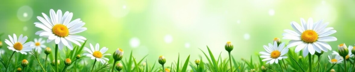 Naklejka premium Delicate white daisies, buds, green leaves border , rustic, bright