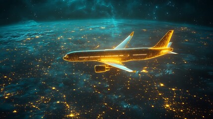 A glowing plane flies over an illuminated nighttime earth