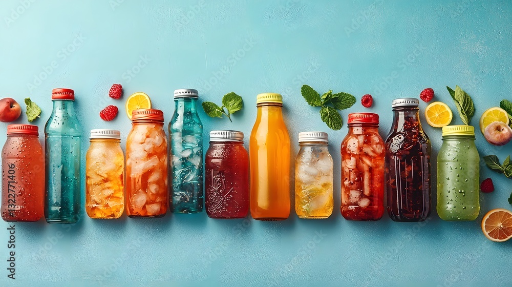 Poster a photograph showcasing an arrangement of vibrant glass bottles in various colors meticulously sorte