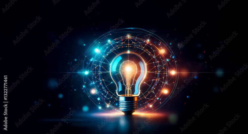 Poster illuminated lightbulb emits bright light surrounded by glowing network of interconnected dots and li
