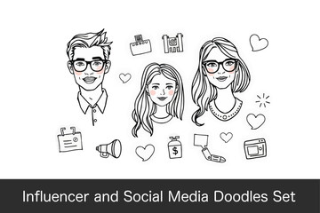 creative doodle set featuring influencers and social media elements, showcasing diverse characters and various related icons, perfect for digital content and marketing