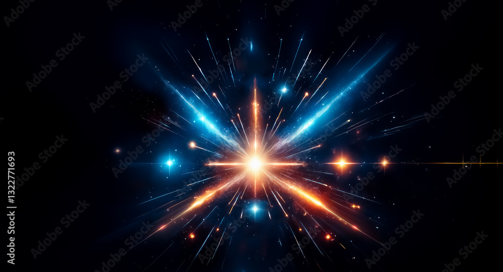 Poster vibrant burst of light on a dark background. blue and orange rays emanate from a central point, crea