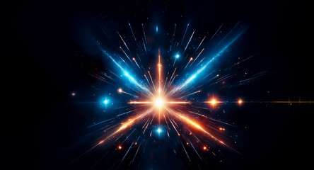 Naklejka premium Vibrant burst of light on a dark background. Blue and orange rays emanate from a central point, creating a dynamic and abstract display of energy.