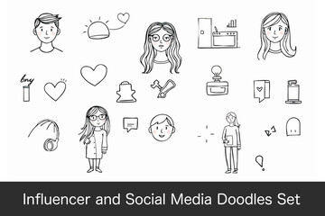collection of influencer and social media doodles featuring various characters, hearts, and objects that represent modern digital communication and lifestyle. Perfect for creative projects