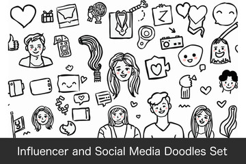 Influencer and social media doodles set featuring various characters, icons, and symbols representing modern digital culture and communication. Perfect for creative projects