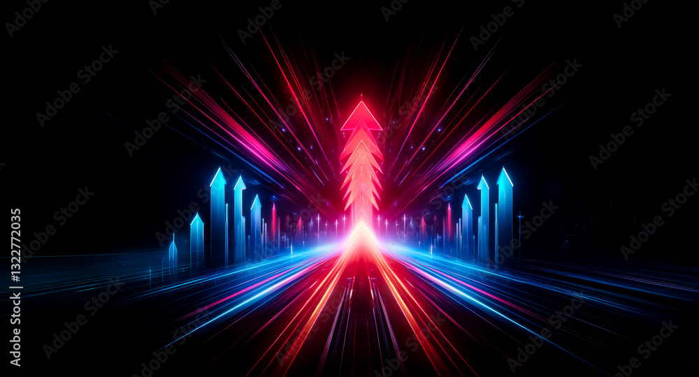 Poster vibrant red and blue arrows burst forth from the dark, streaks of light creating a dynamic and energ