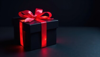Obraz premium Elegant black gift box with glowing red neon ribbon, dark backdrop , glow, black, bright