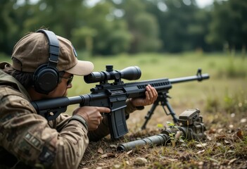Fototapeta premium Shooter in Tactical Gear Aiming Precision Rifle Outdoors