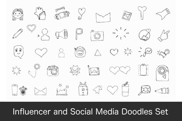 collection of influencer and social media doodles featuring various icons like hearts, cameras, and speech bubbles, perfect for creative projects and digital content