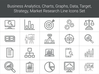 Business Analytics Data, Charts, Graphs, Business Analysis, Market Research Silhouette Line Icons