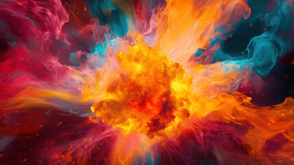 Fototapeta premium vibrant explosion of colors with fiery orange and yellow flames surrounded by swirling blue and pink smoke creates dramatic cosmic scene