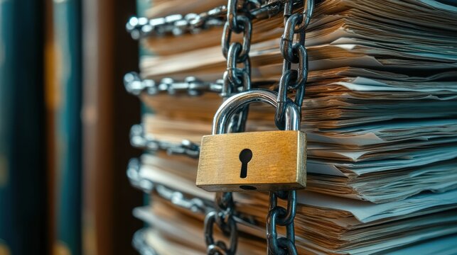 A brass padlock and chain secure a stack of documents, symbolizing confidentiality and data protection.