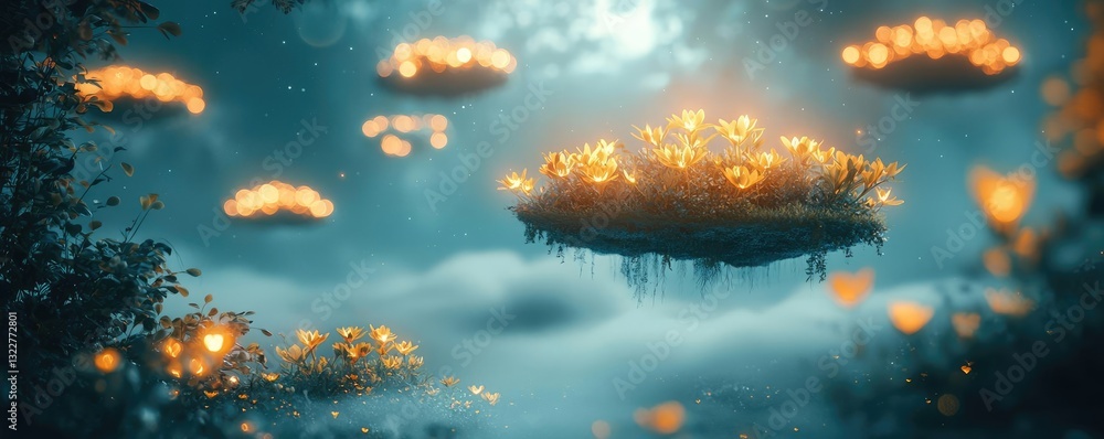 Poster vibrant color art abstract background concept. a mystical floating island adorned with glowing flowe