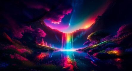 A surreal landscape features a vibrant rainbow waterfall flowing into a dark pool.  Neon colors illuminate the mountains and trees in this dreamlike and magical scene.