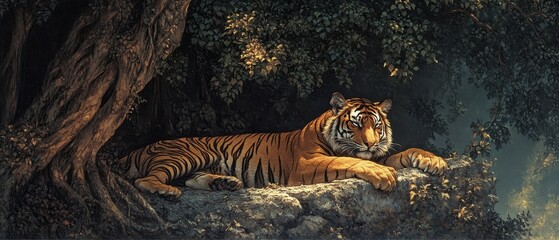 A majestic tiger resting in a lush, green jungle environment.