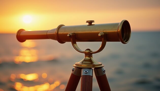 Vintage telescope silhouette against golden sunset for travel blogs, adventure websites, and nautical designs