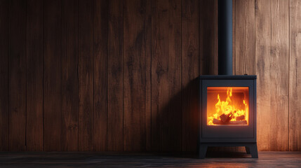 Fototapeta premium cozy woodstove with warm fire, set against rustic wooden wall, creates welcoming atmosphere. flickering flames illuminate space, enhancing inviting ambiance