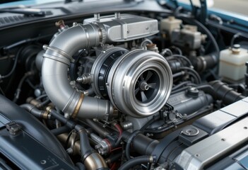 Fototapeta premium High-Performance Turbocharger Installed in Car Engine Compartment