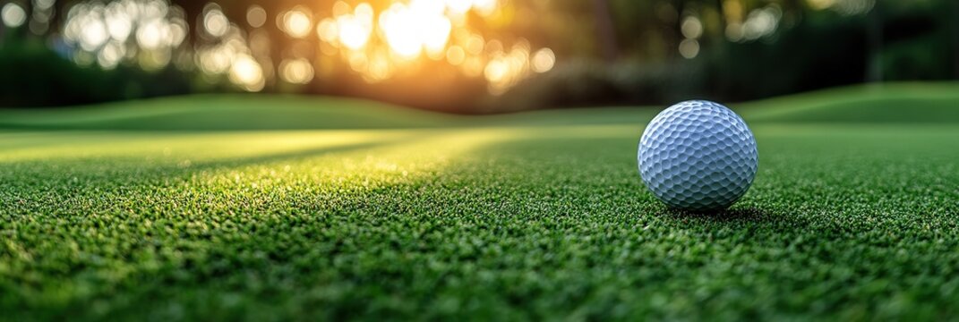 Photo of a golf ball on the green grass, ready for play in an outdoor sporting event. Web banner with copy space on the right, Wide Background