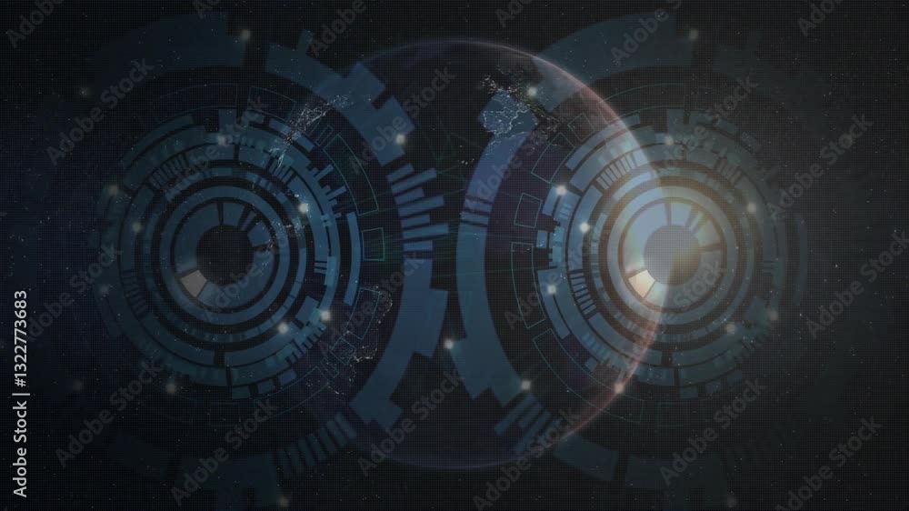 Poster animation of glowing circular patterns over earth in futuristic digital interface
