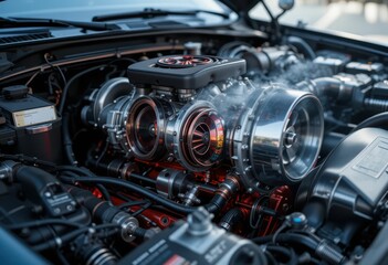 Close-Up View of a Powerful Turbocharged Engine with Smoke Effect