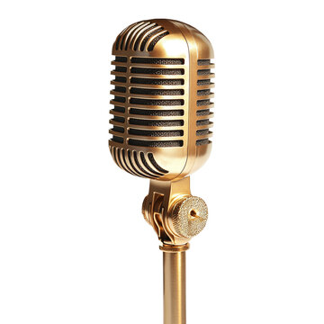 Vintage golden microphone, cut out. Isolated on a transparent background.