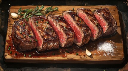 Sizzling steaks, sliced and seasoned to perfection, served on a rustic wooden board. A culinary masterpiece.