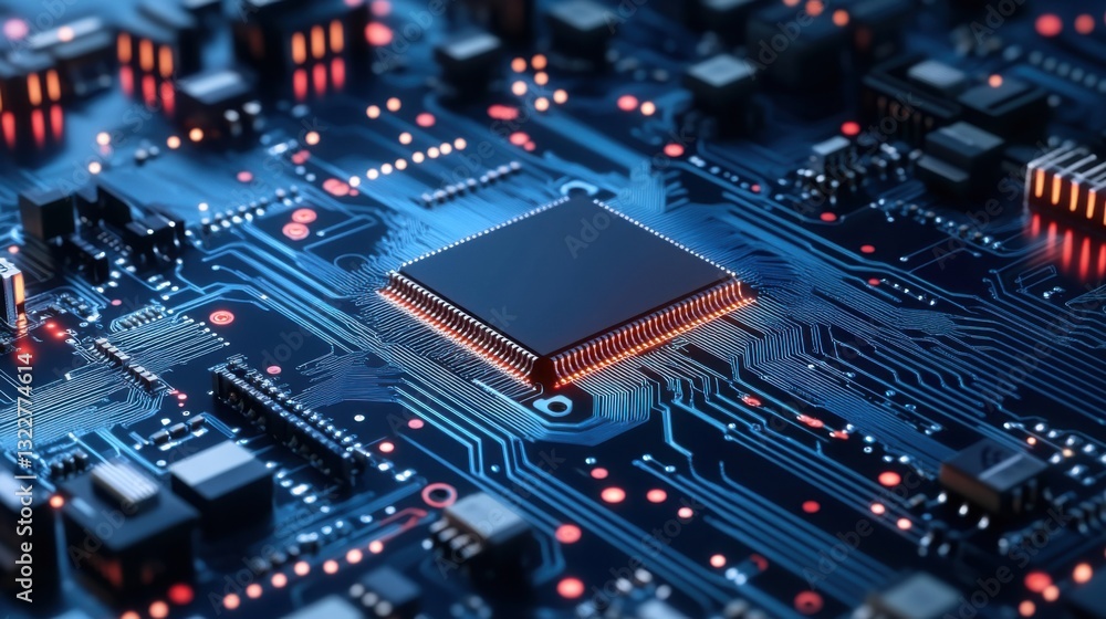 Aufkleber detailed close-up of modern microchip on circuit board with illuminated connections and electronic c