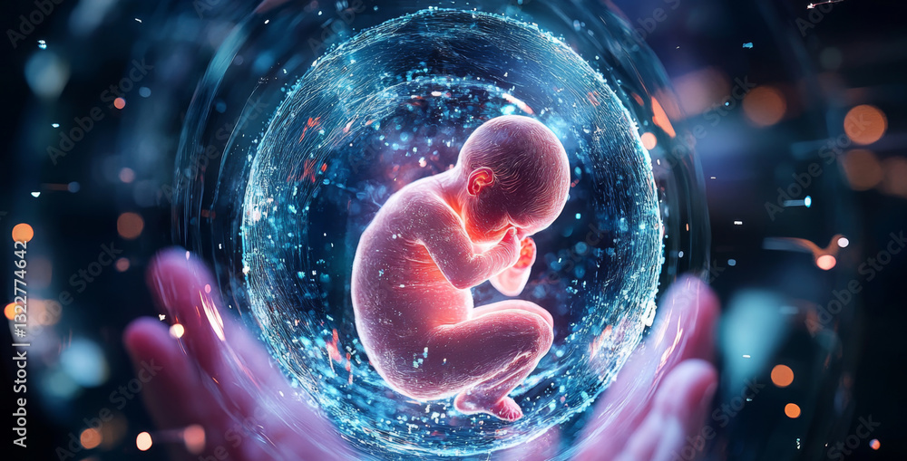 Poster Embryo is depicted in a protective and luminous sphere held gently by hands. The surrounding environment features soft lights and futuristic elements that suggest advanced technology and care.