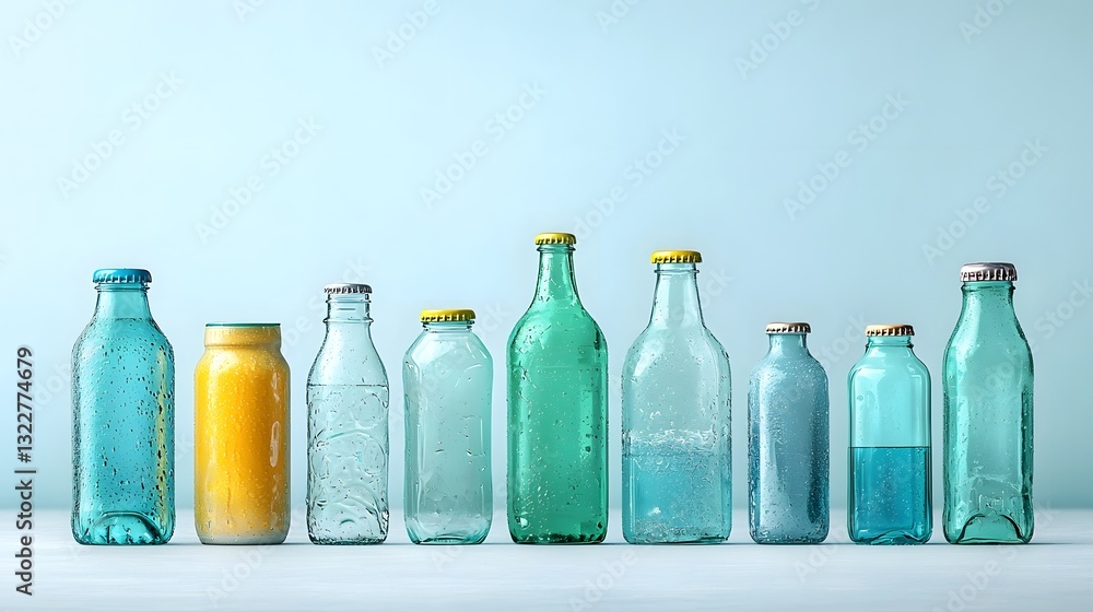Poster a row of new glass bottles made from 100 recycled materials showcased in a clean minimalist display 