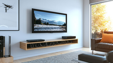 Fototapeta premium Modern Living Room with Wall-Mounted TV and Wooden Shelf