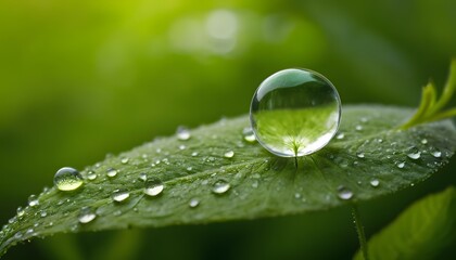 Dewdrop on Lush Green Leaf Macro Shot Nature's Beauty Water Droplet Reflection