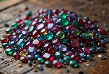 Colorful Gemstones and Crystals Arranged on Wooden Surface