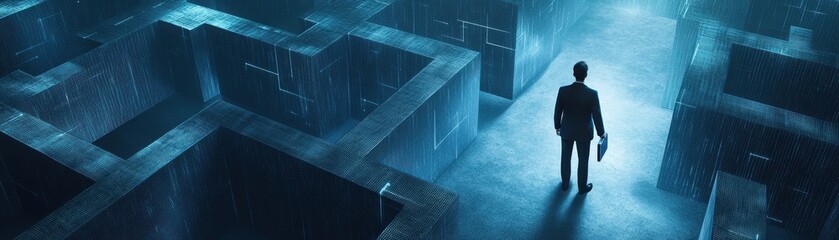 Obraz premium A man stands thoughtfully in the center of a lush green maze, holding a colorful umbrella. The tall hedges surround him, casting playful shadows as sunlight filters through.