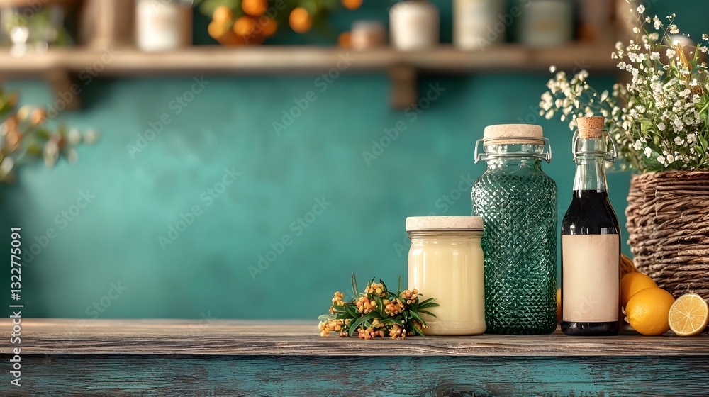 Poster visually appealing collection of decorative glassware crafted from recycled arranged with a blurred 