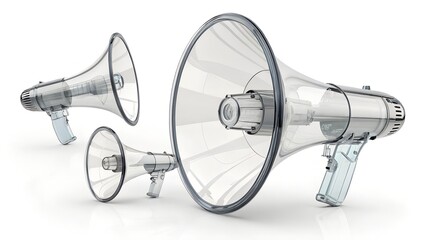 The image features three transparent, modern megaphones or loudspeakers against a white background.