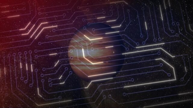 In animation, planet displaying circuit pattern symbolizing technology and space exploration