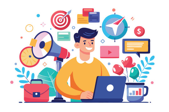 Marketing specialists and computer with megaphone and social media icons