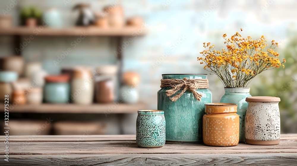 Poster beautifully arranged decorative glassware in various shapes and sizes created from repurposed and re