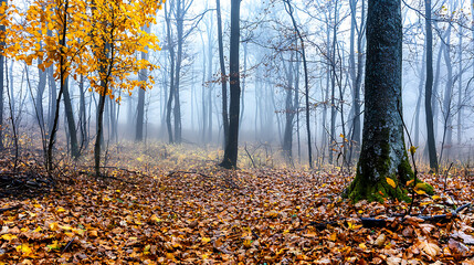 Fototapeta premium Misty Autumn Forest with Yellow Leaves