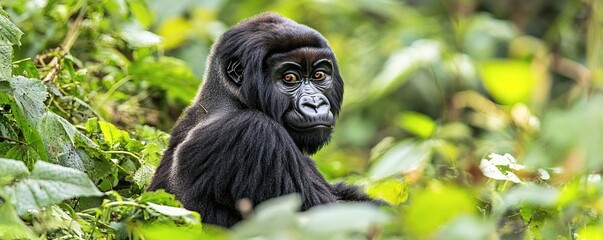 Obraz premium A gorilla looking back with curious eyes amid lush green foliage