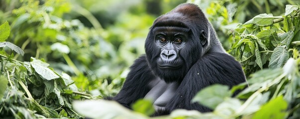 Obraz premium A majestic gorilla observing surrounded by lush vibrant green vegetation