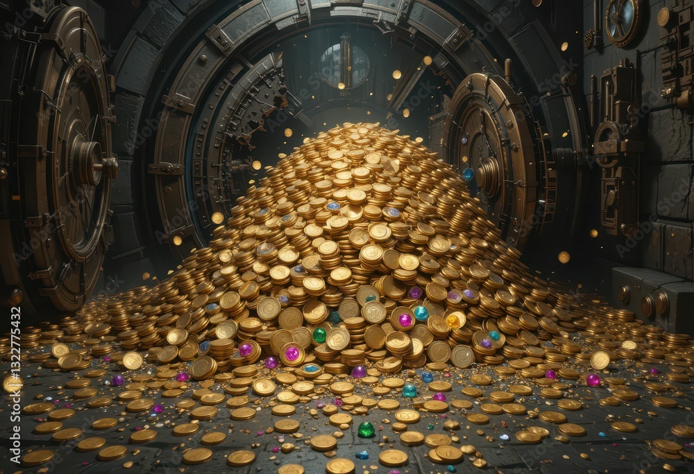Poster golden coins piled high in vault with glimmering gems sparkling