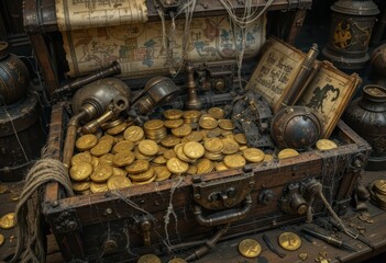 Treasure Chest Overflowing with Gold Coins and Ancient Artifacts