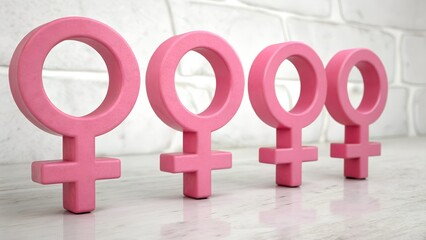 The image features four pink Venus symbols (female gender symbols) lined up in a row on a marble-like surface. 