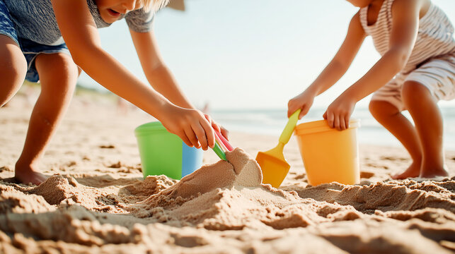 Close-up of children's hands playing with colored buckets and sand on the beach by the sea on summer day. The joyful atmosphere of a vacation by the ocean.