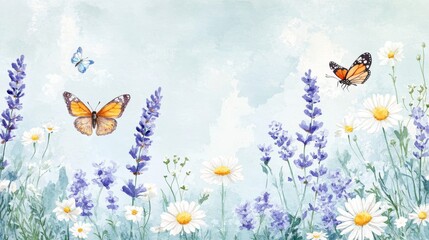 16.A beautifully illustrated set of botanical elements, including wildflowers like daisies, lavender, and bluebells, accented with fluttering butterflies and busy bees. The soft watercolor palette