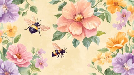17.A charming set of wildflower bouquets in watercolor style, featuring lush flowers and delicate bees and butterflies fluttering about. The flowers are in soft pastel colors, with the bees and