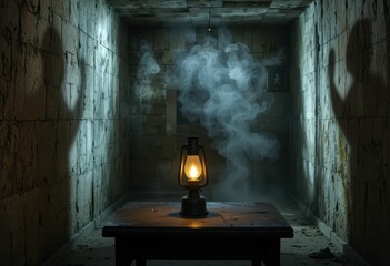 Mysterious dimly lit room with shadows and smoke from lantern