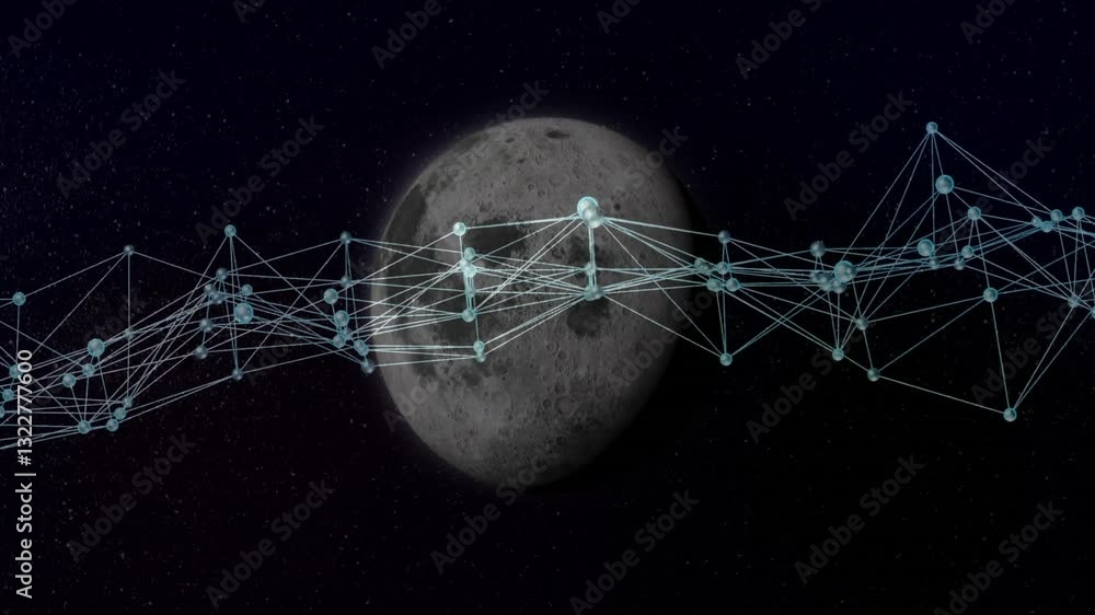 Poster animation of network forming intricate web over moon in dark space